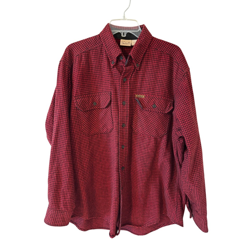 Woolrich Mens Red Black Micro Houndstooth Flannel Shirt Button Down Large L